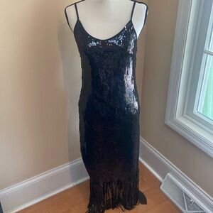 NANETTE LEPORE Size 8 Very Black Sequin Fringe Bottom Dress